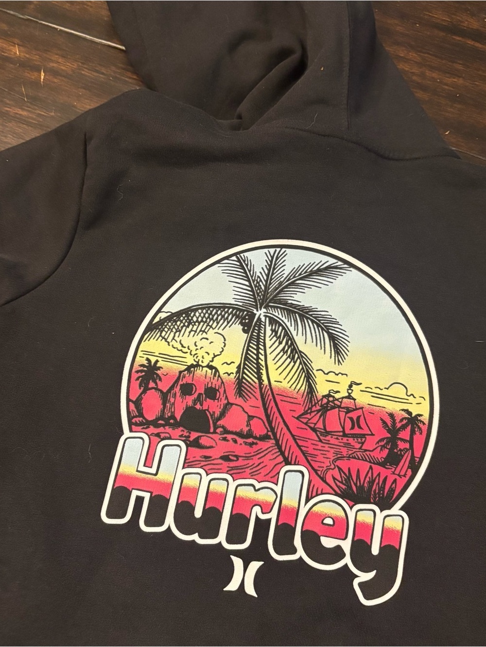 Hurley Black Hoodie with Sunset Palm Graphic boys size medium (10-12Y)